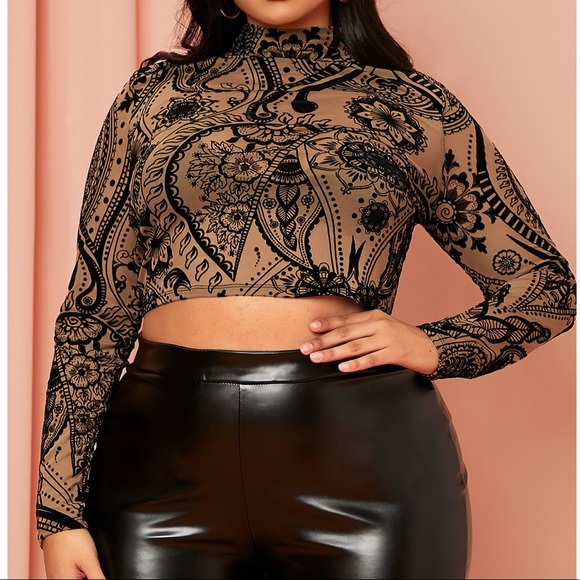 New- Mesh Top Floral Print Mock Neck - Picture 3 of 5